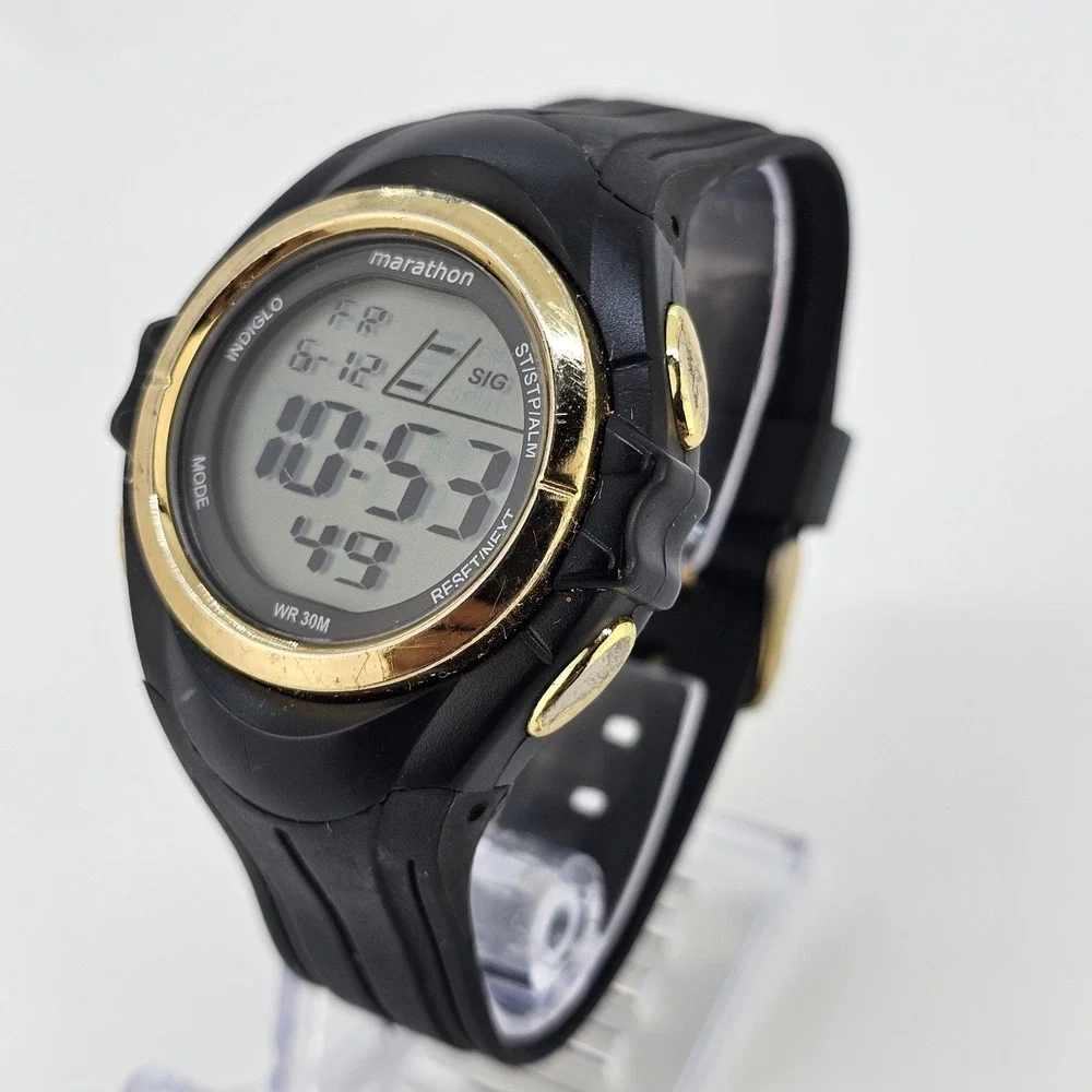 Marathon Unisex Digital Sports Watch 42MM Gold Bezel Black Plastic Bands Working